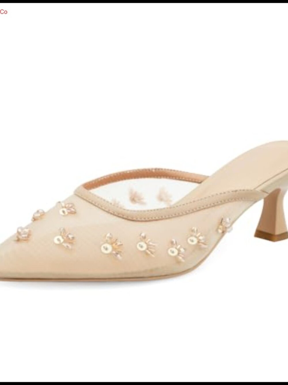 Kitten Heel Mules Crystal Flower Mesh Pointed Toe Low Heel Slip On Pumps